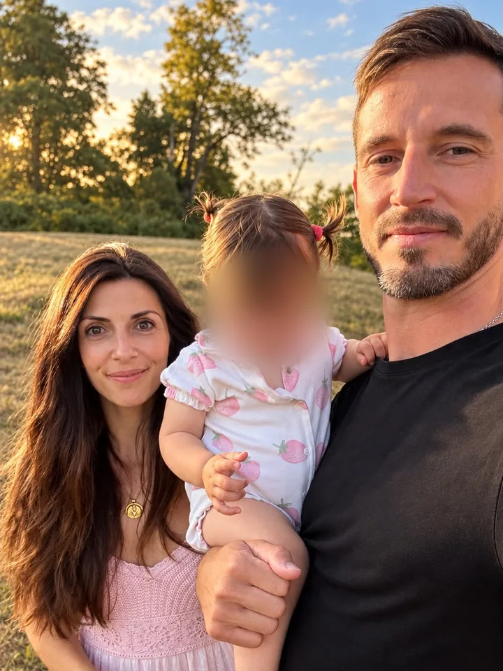 Lewis with his partner and daughter in a field at sunset